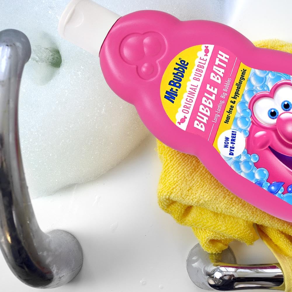 Mr. Bubble being poured into a running tub producing foam quickly