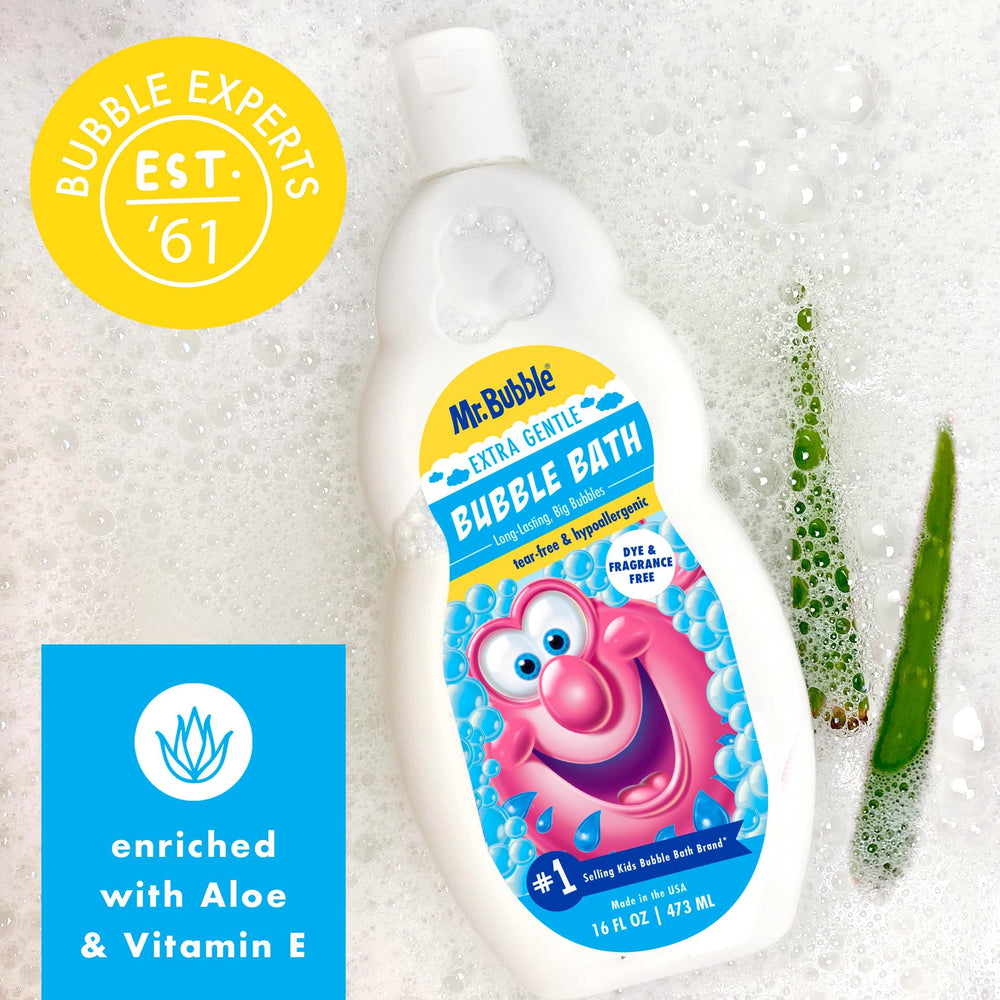 Mr. Bubble bottle next to hand showing 16 fl oz size convenience benefit