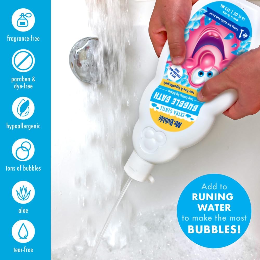 Mr. Bubble pouring texture into water showing quick bubble formation benefit