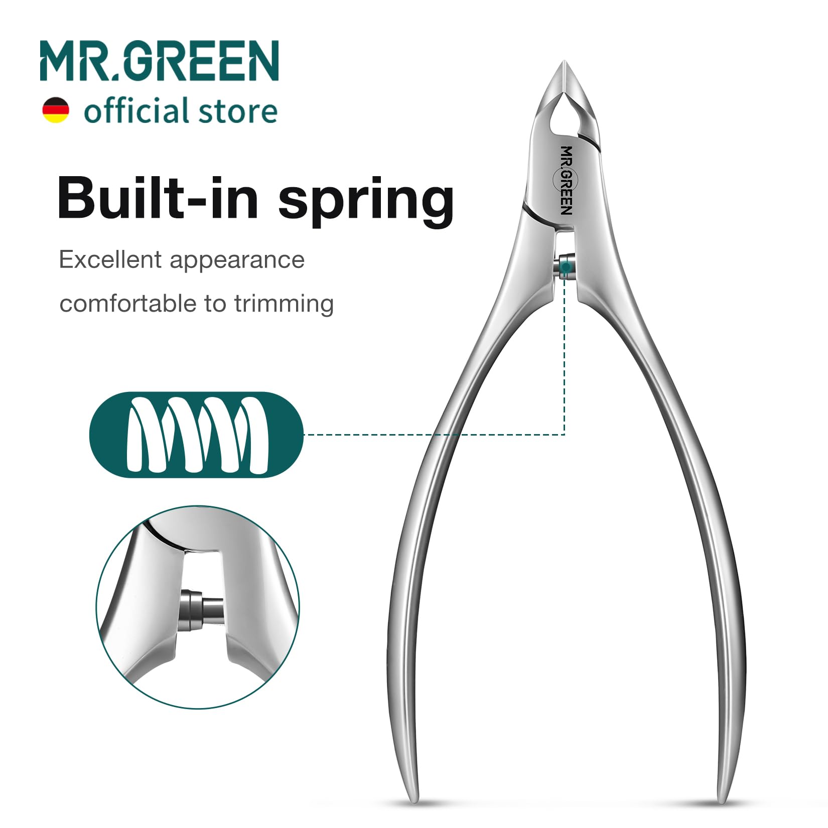 MR.GREEN curved handle detail demonstrating ergonomic grip and reduced hand fatigue
