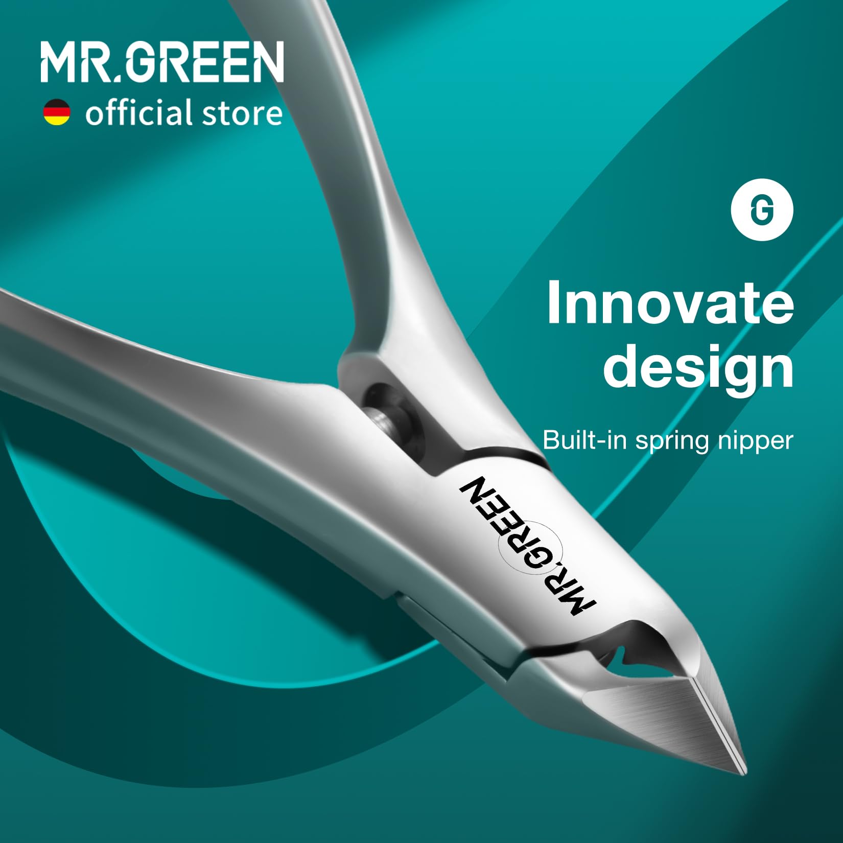 MR.GREEN close-up of slanted blade highlighting precise cutting angle and visibility