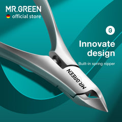 MR.GREEN close-up of slanted blade highlighting precise cutting angle and visibility