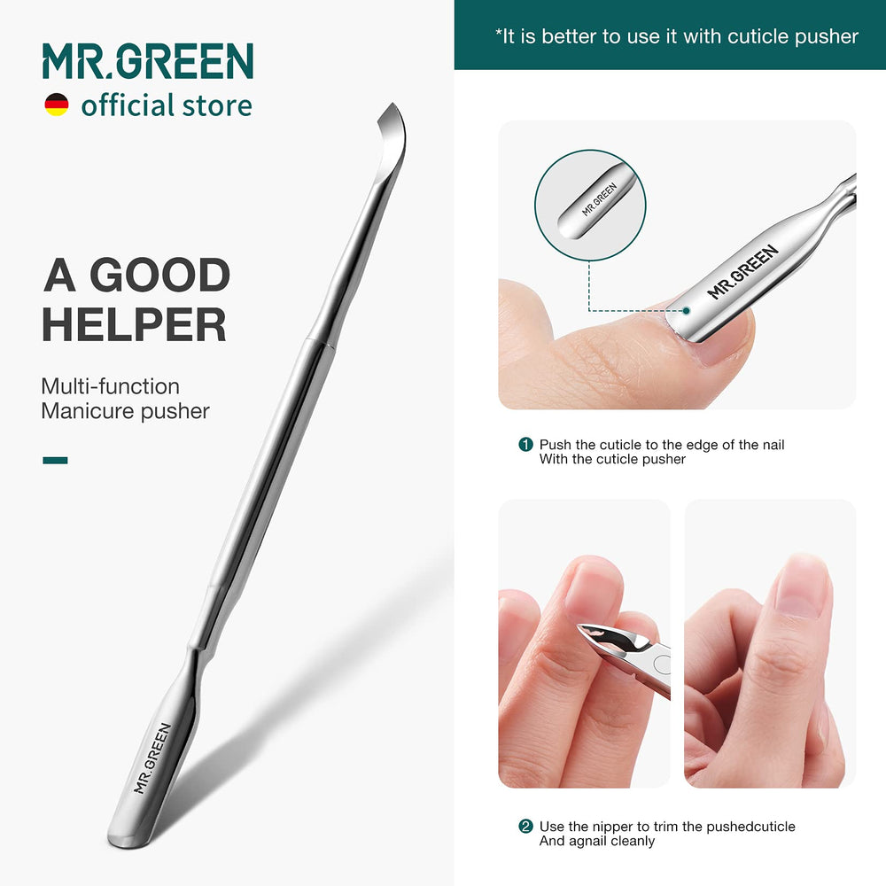 MR.GREEN trimming cuticle in use illustrating accurate, clean removal benefit