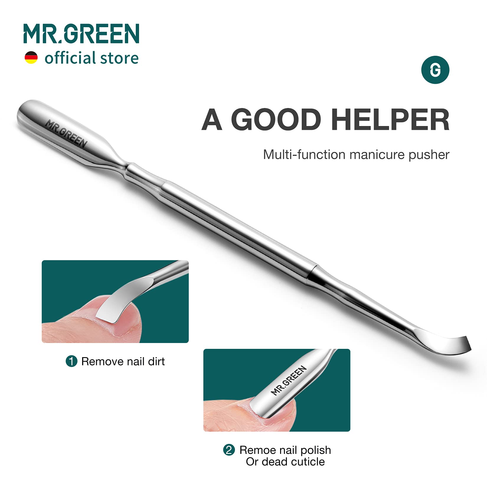 MR.GREEN nippers paired with metal pusher for complete cuticle prep benefit