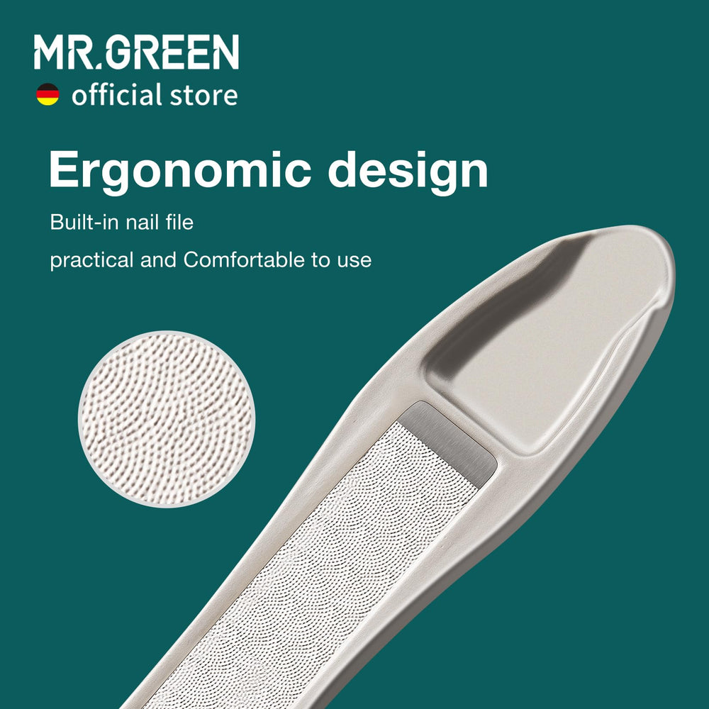 MR.GREEN in use trimming fingernail demonstrating clean anti splash benefit