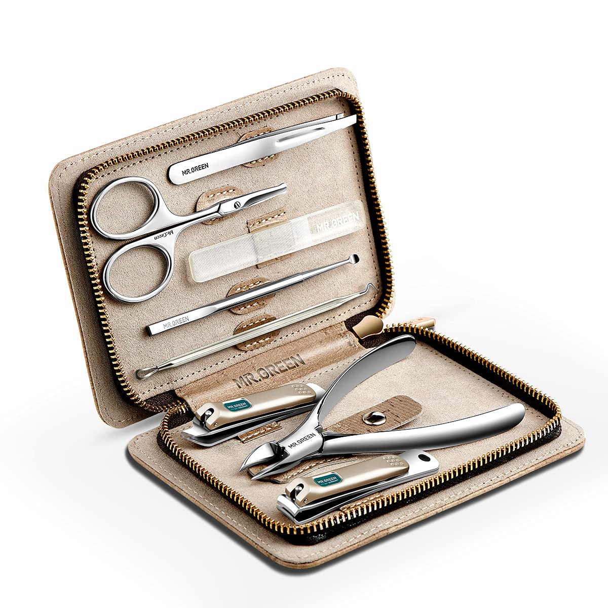 MR.GREEN manicure kit front open showing all tools neatly organized and protected