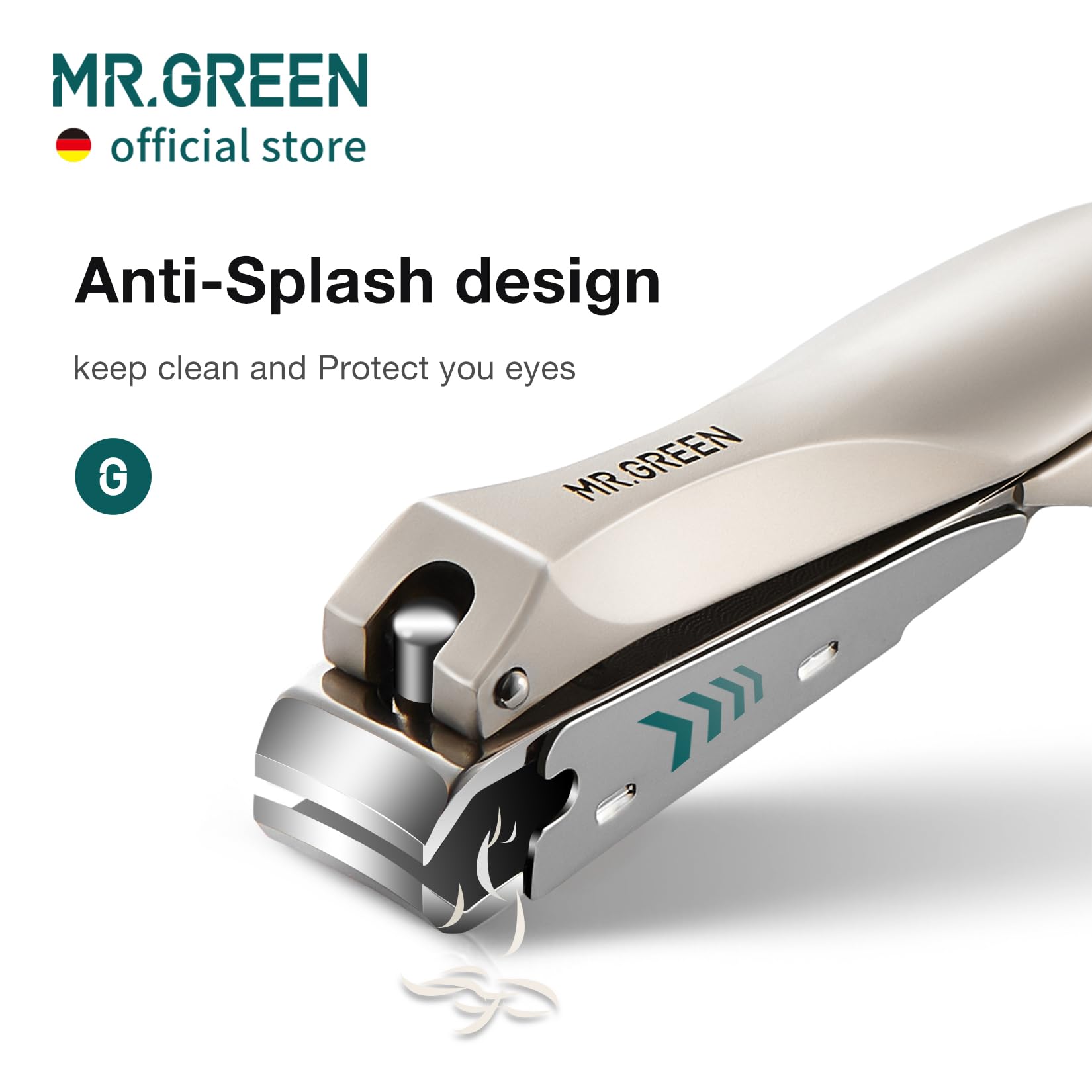 MR.GREEN sliding waste slot detail showing hygienic nail clipping capture