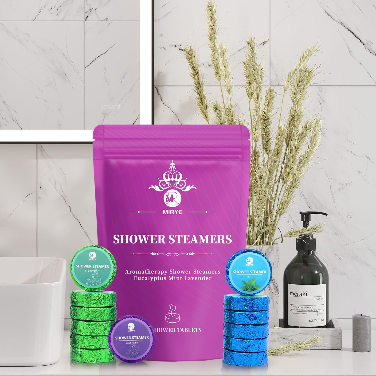 MR MIRYE tablet in a running shower demonstrating steam release and aromatherapy