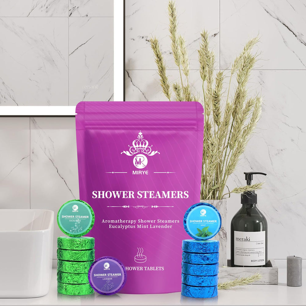 MR MIRYE tablet in a running shower demonstrating steam release and aromatherapy