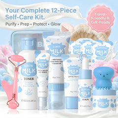 MrCuvaryas contents laid out to show cleanser, toner, serum, masks and tools