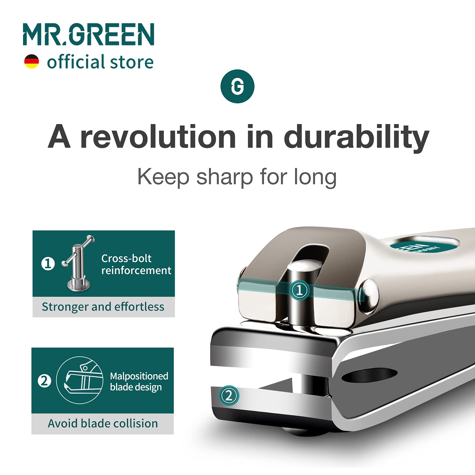 MR.GREEN close-up of curved blades highlighting sharp German-style edge for precise cuts
