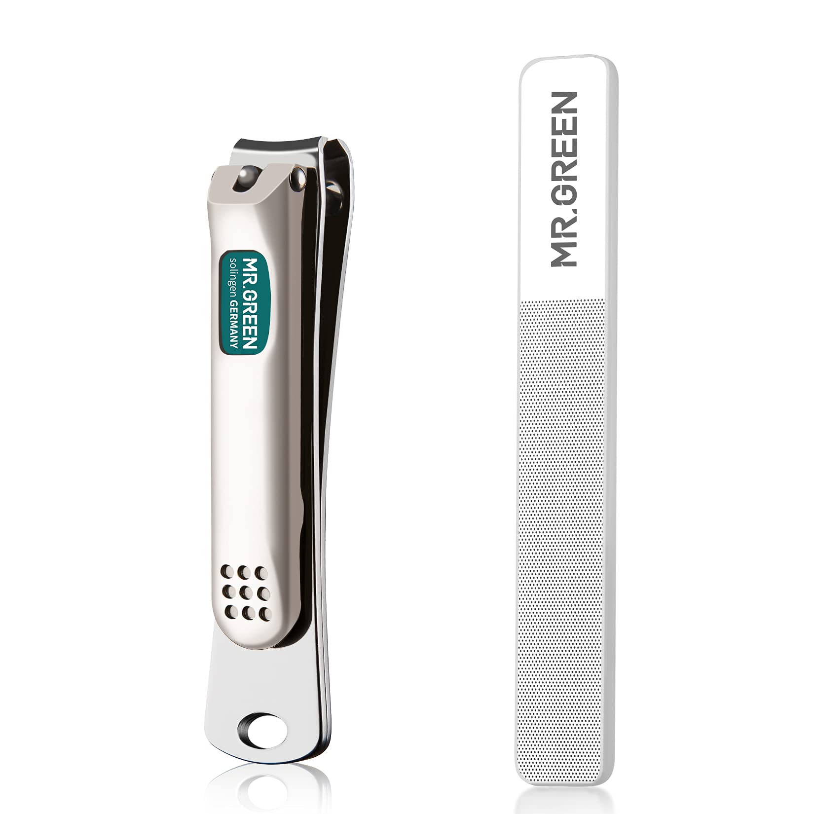 MR.GREEN front view showing compact stainless steel clippers and included glass file for neat grooming
