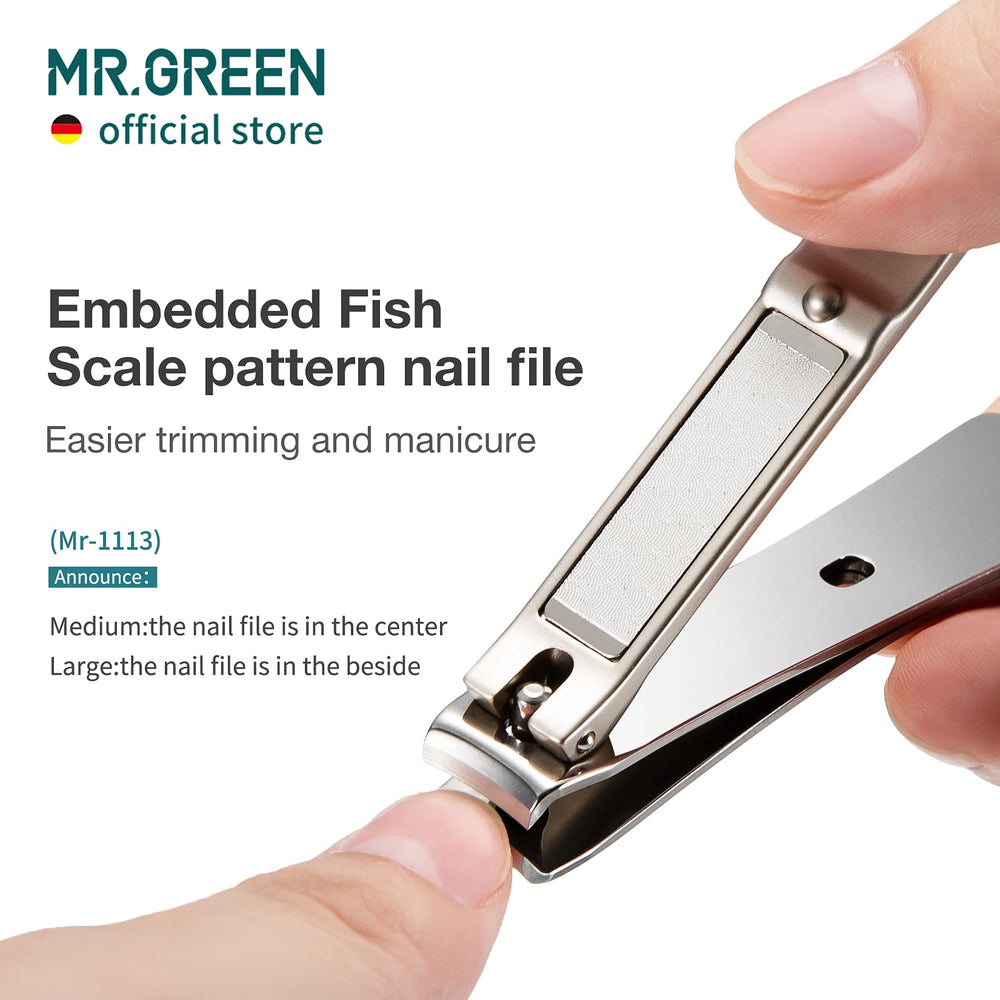 MR.GREEN tempered glass file next to clippers for smooth finishing and polished edges
