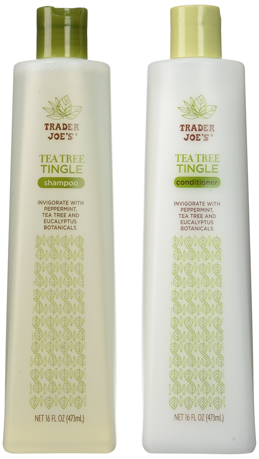 Mroobest Trader Joe's front packaging shows full shampoo and conditioner bottles with benefits