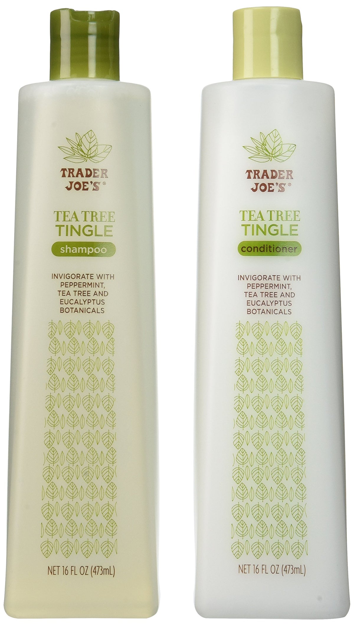 Mroobest Trader Joe's front packaging shows full shampoo and conditioner bottles with benefits
