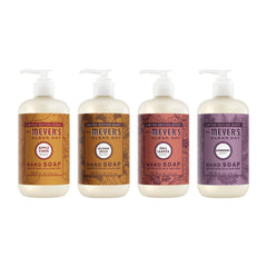 Mrs. MEYER'S front pack view showing four fall scents and neat packaging benefit convenience