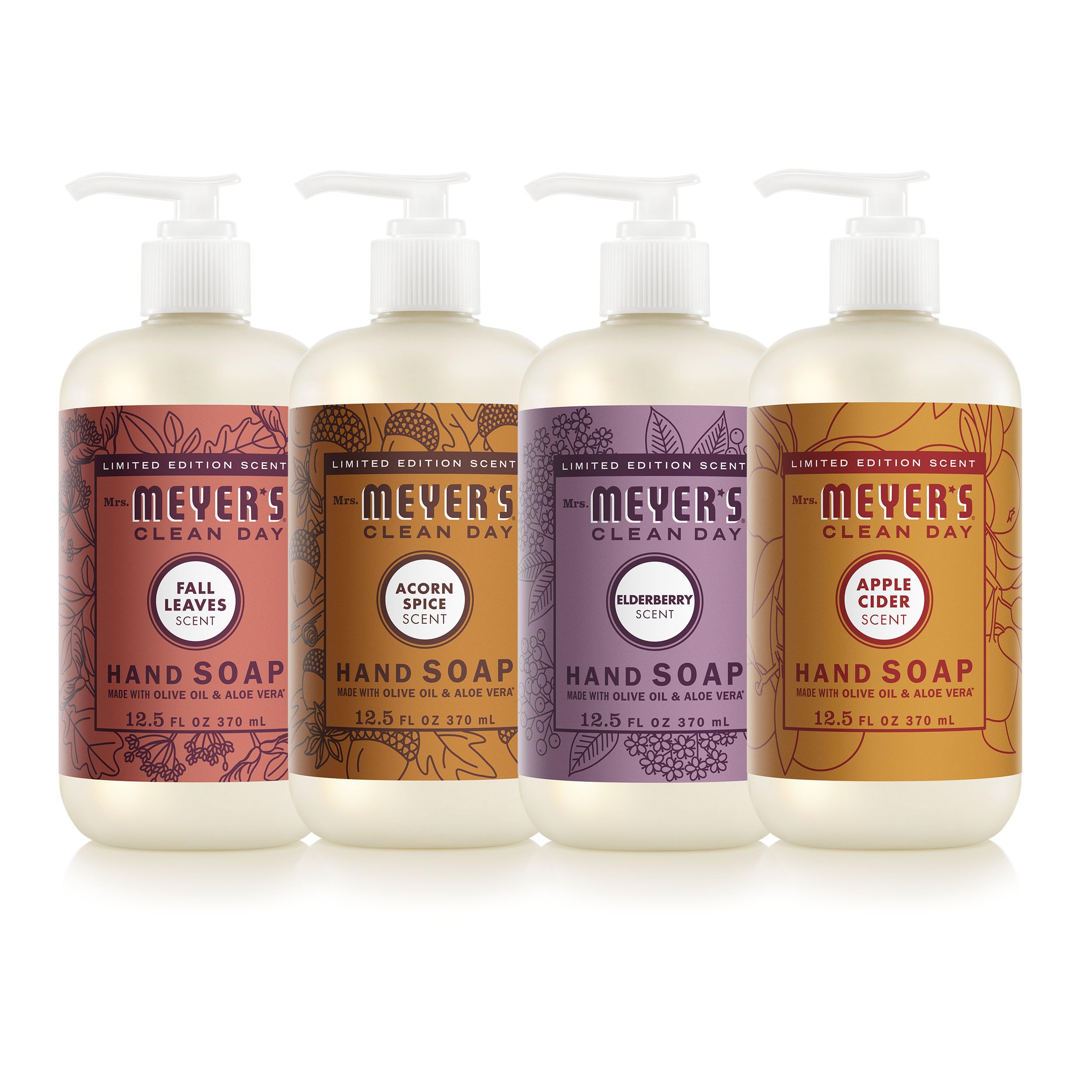 Mrs. MEYER'S front packaging showing four seasonal hand soap bottles and variety benefit