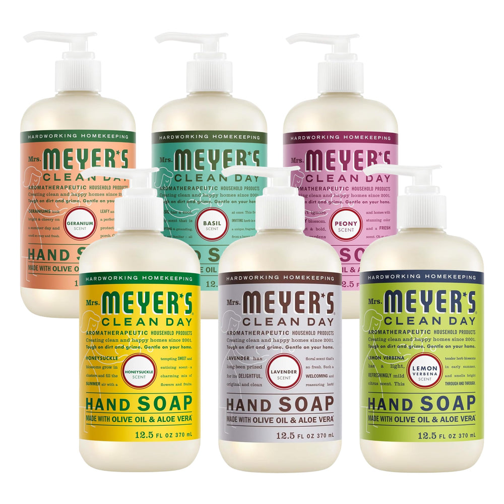 Mrs. MEYER'S front pack display showing six scent bottles and variety
