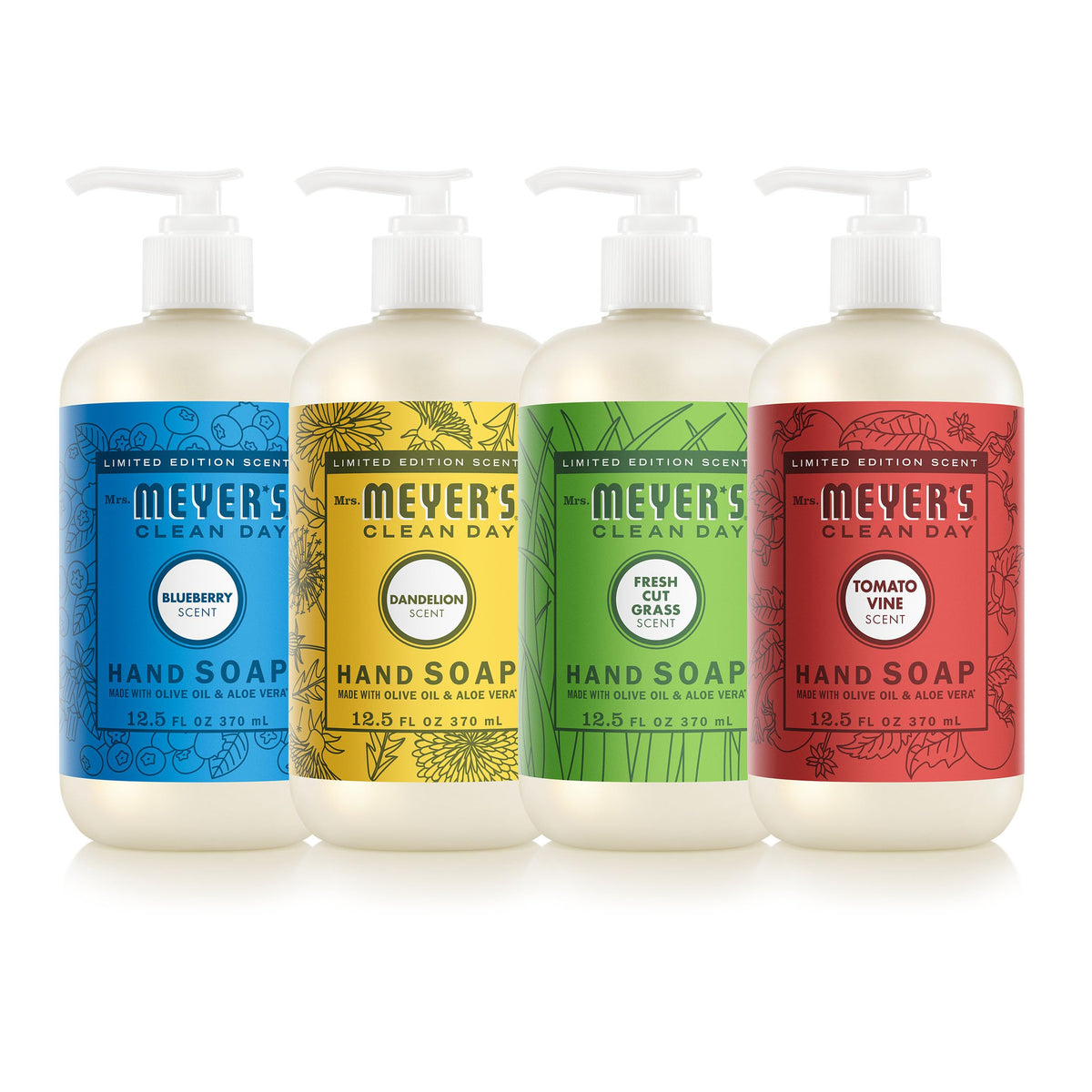 Mrs. Meyer's front packaging showing four summer hand soap bottles and convenience