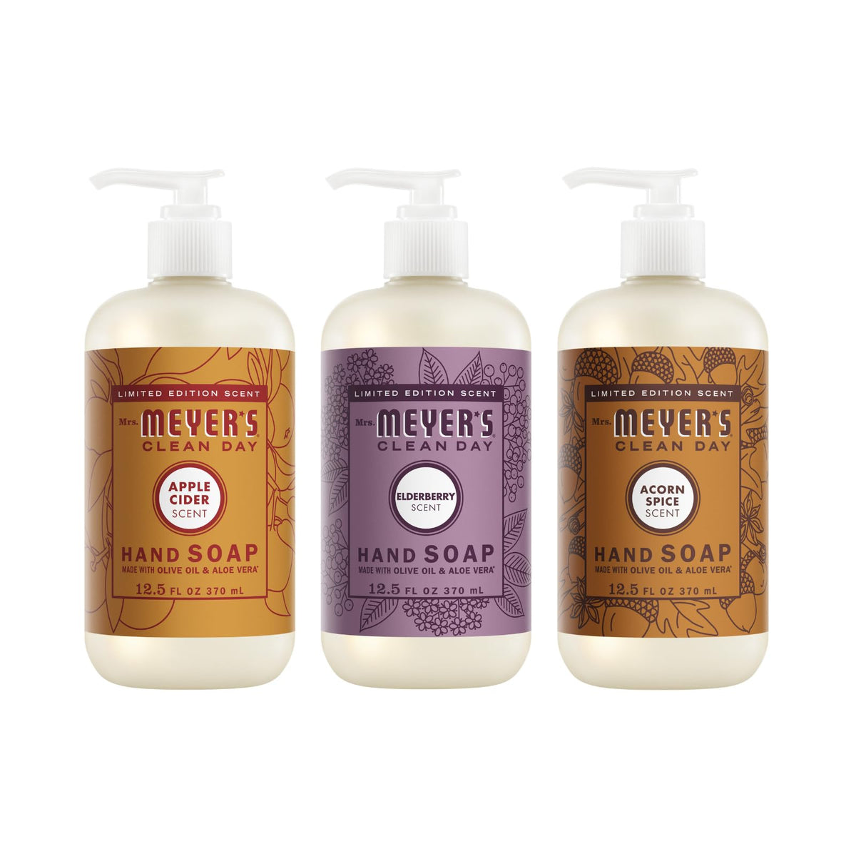 Mrs. MEYER'S front packaging showing three scents and clear labeling for easy choice