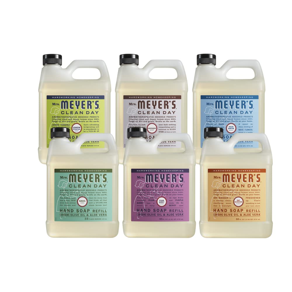 Mrs. MEYER'S variety pack front packaging showing six refill bottles, clear labeling and scent variety benefits