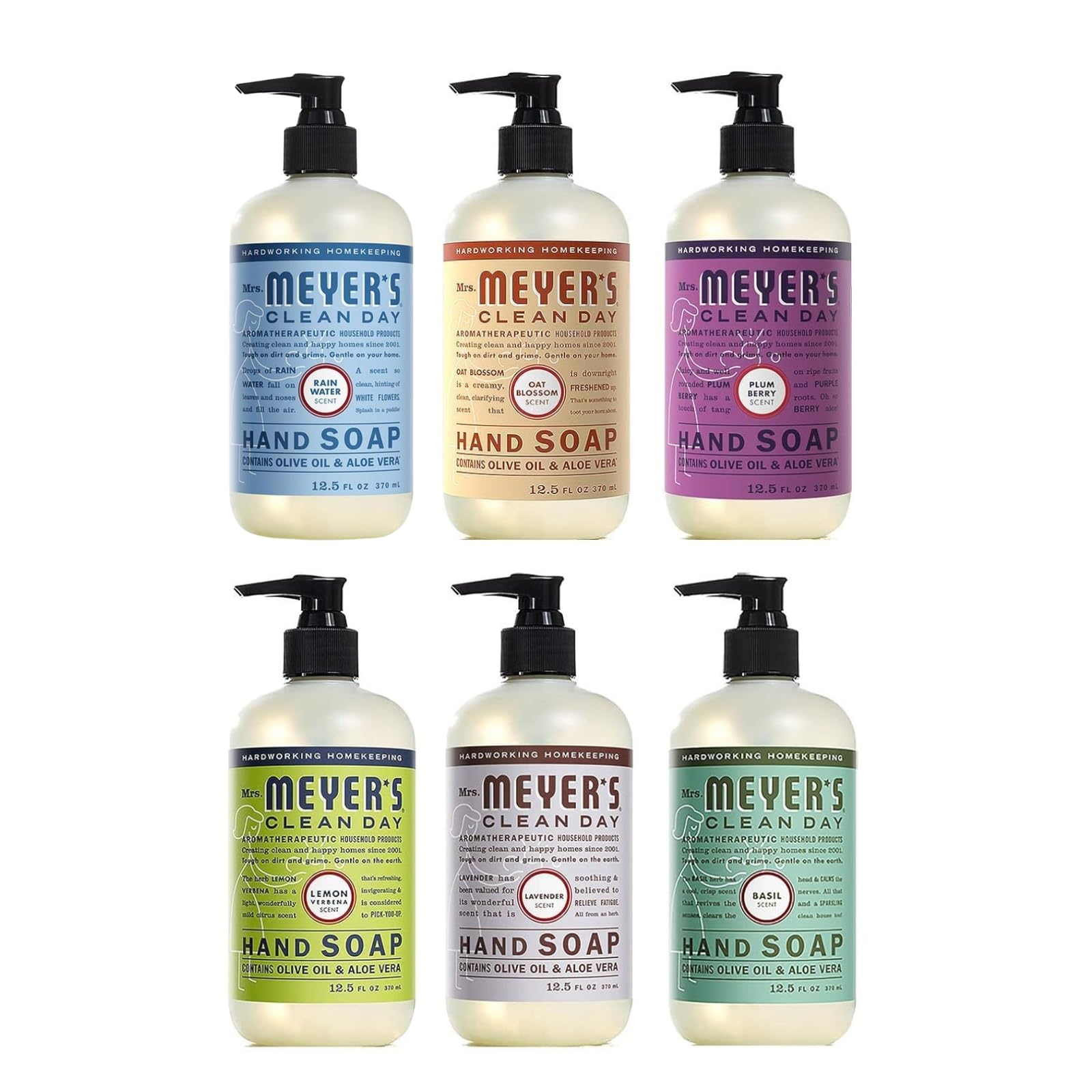 Mrs. MEYER'S front packaging showing six-scent variety and clear benefits