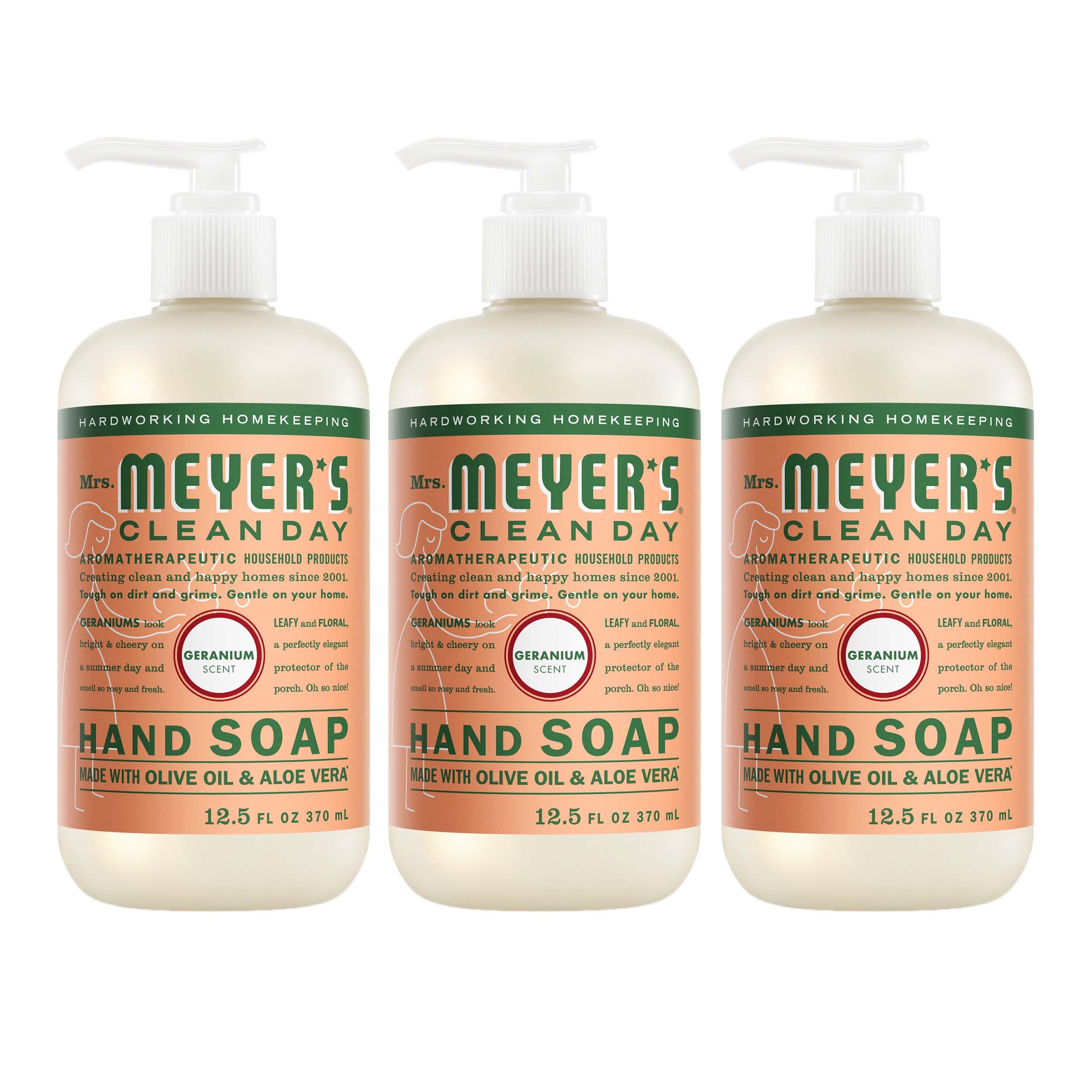 Mrs. MEYER'S front packaging showing three geranium soap bottles for tidy supply