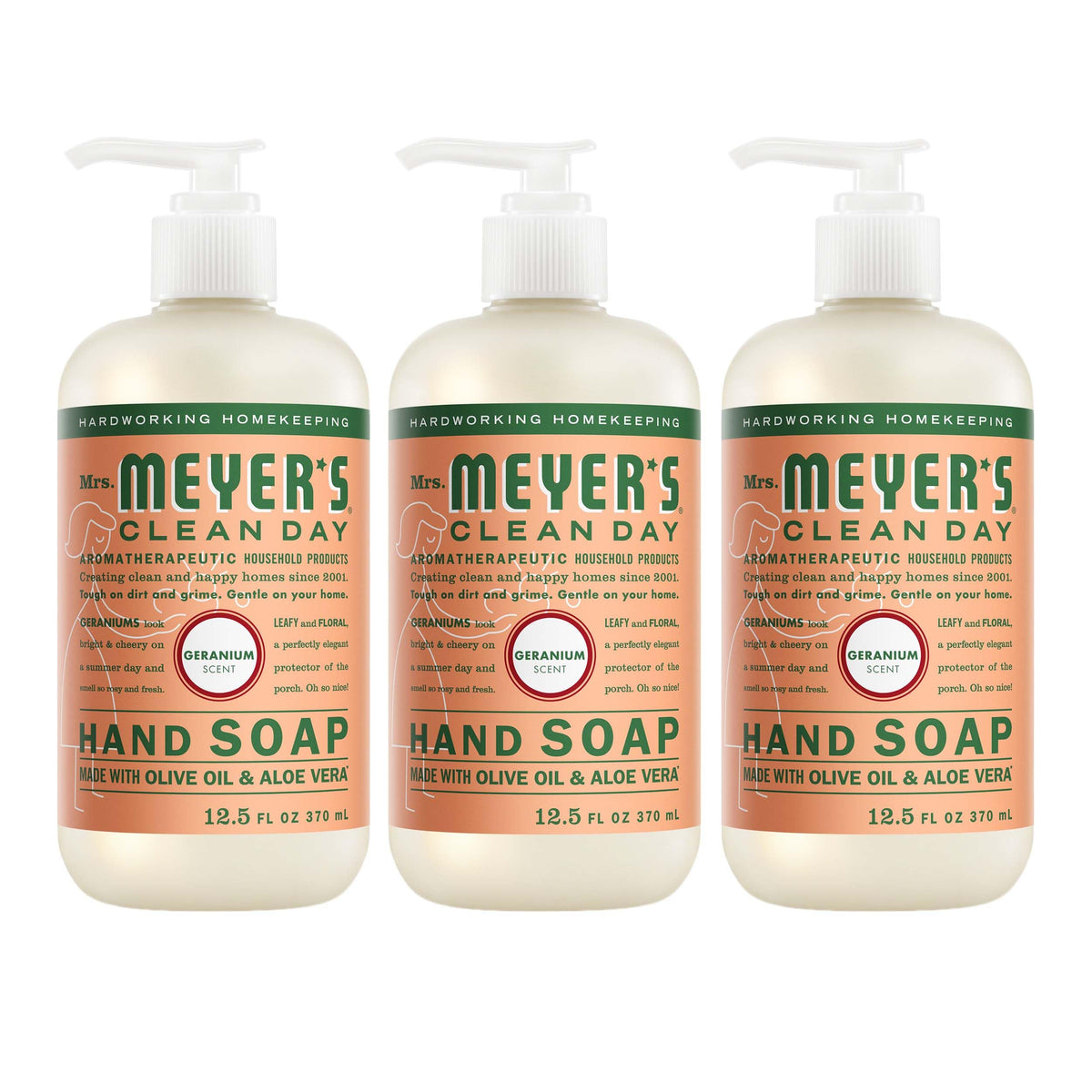 Mrs. MEYER'S front packaging showing three geranium soap bottles for tidy supply