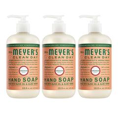 Mrs. MEYER'S front packaging showing three geranium soap bottles for tidy supply
