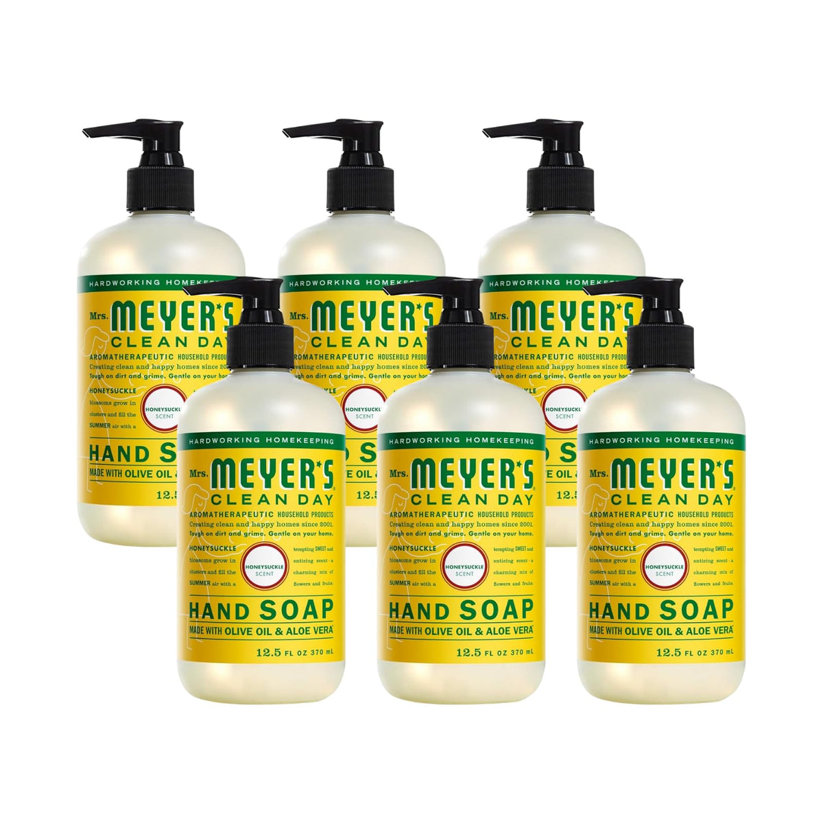 Mrs. MEYER'S honeysuckle front packaging showing bottle and label benefit softening hands