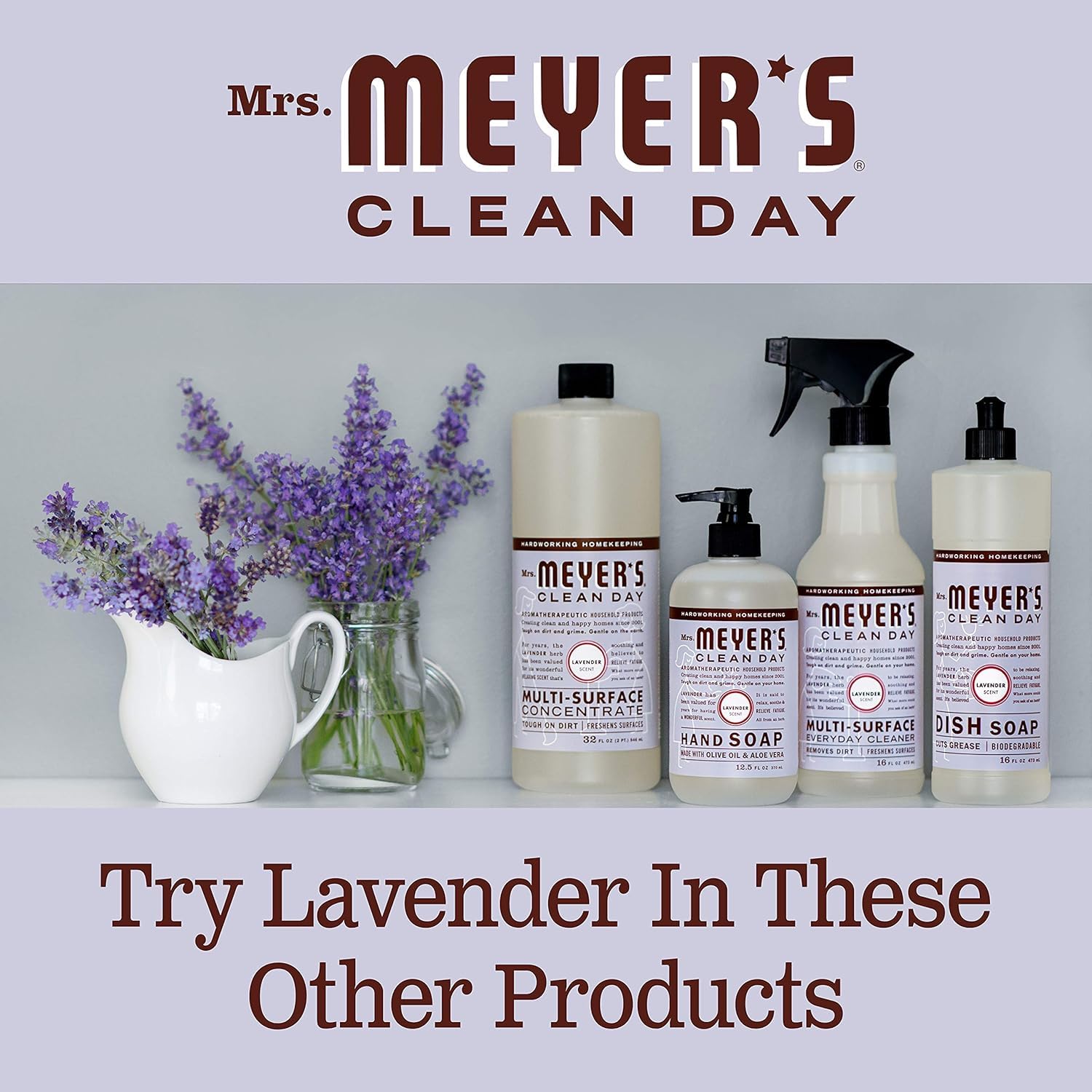 Mrs. MEYER'S bottle in a styled bathroom conveying calming lavender scent and home-friendly use