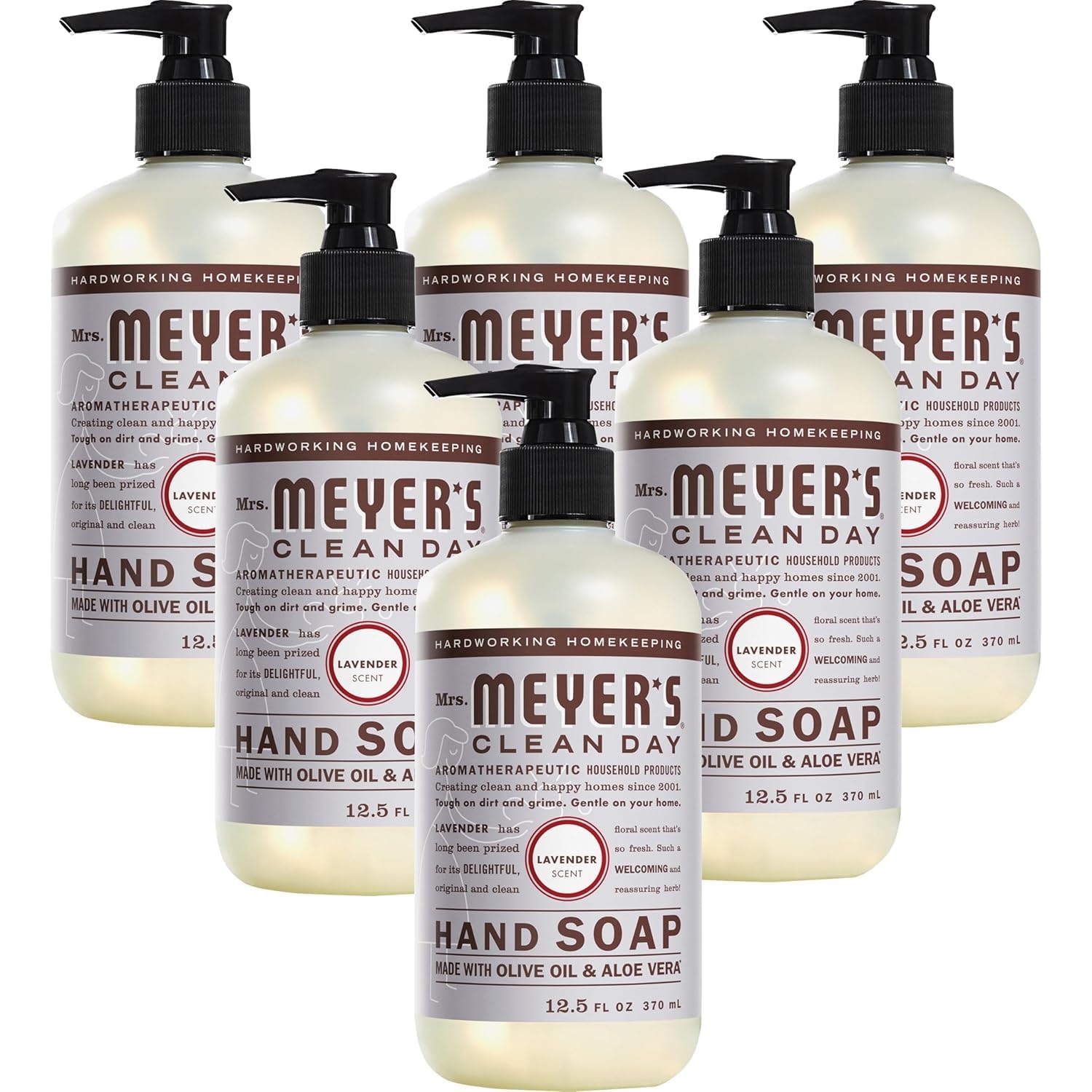 Mrs. MEYER'S front packaging showing lavender label and six-pack convenience