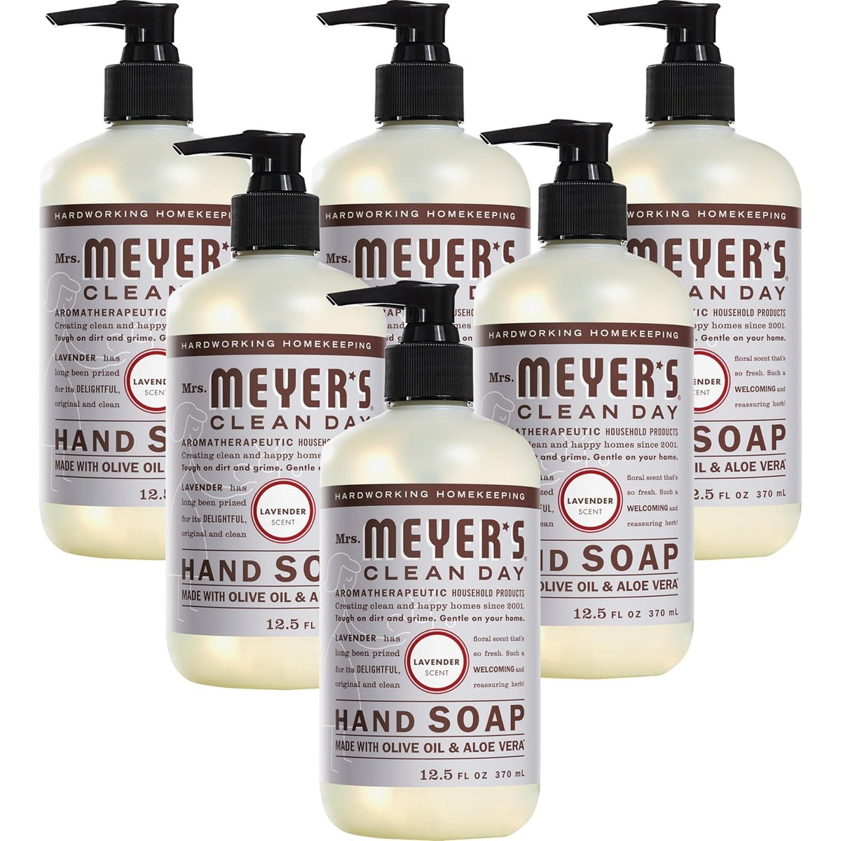 Mrs. MEYER'S front packaging showing lavender label and six-pack convenience