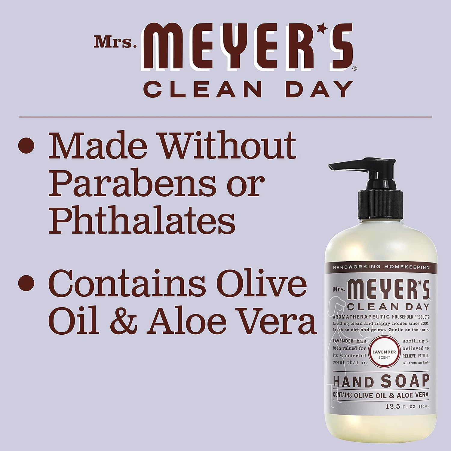 Mrs. MEYER'S product label and ingredients list showing natural components and transparency
