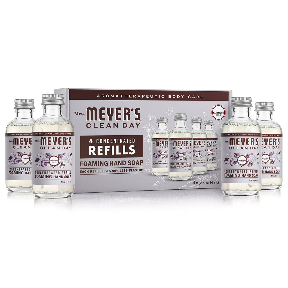 Mrs. MEYER'S front packaging showing refill pouches and calming lavender scent benefit