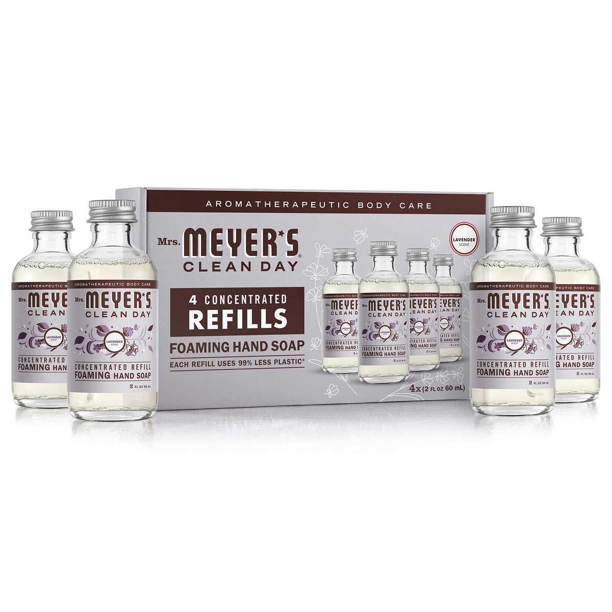 Mrs. MEYER'S front packaging showing refill pouches and calming lavender scent benefit