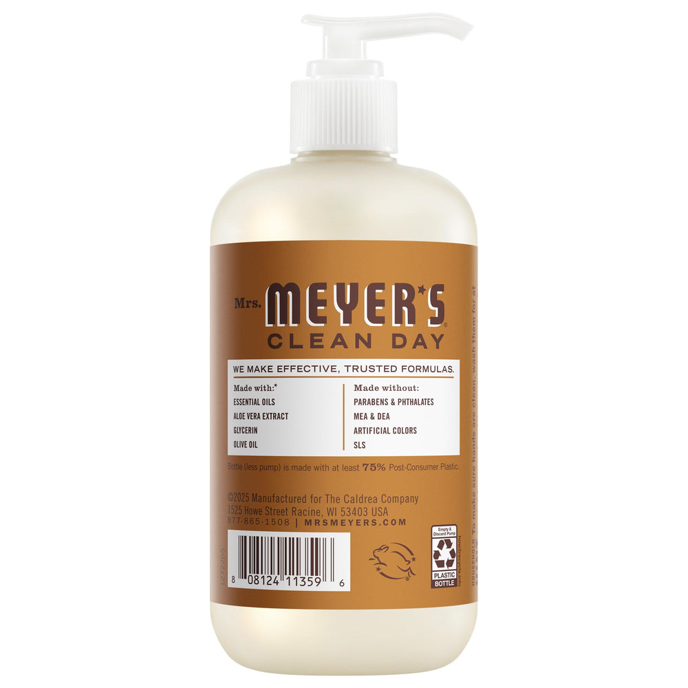 Mrs. MEYER'S soap dispensing into hand demonstrating soft lather and moisturizing