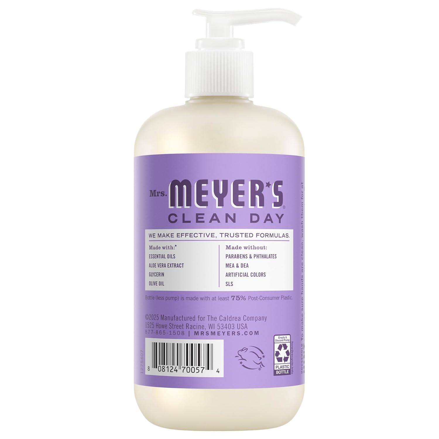 Mrs. MEYER'S rose bottle closeup highlighting label and pump for easy dispensing and bold scent