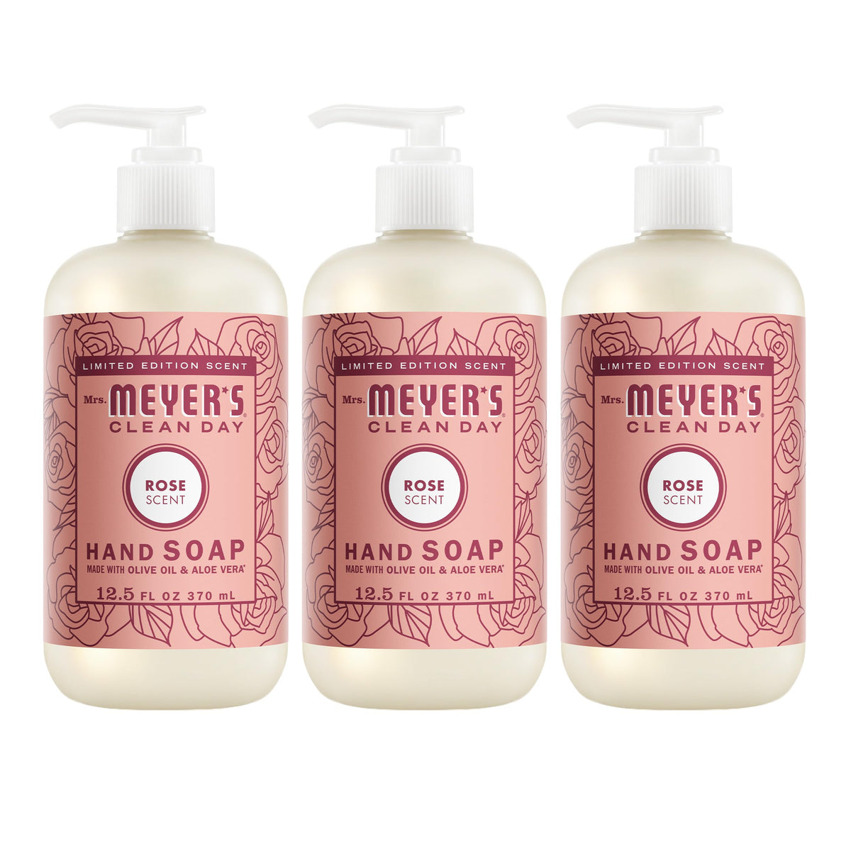 Mrs. Meyer's front packaging showing Rose scent and benefits
