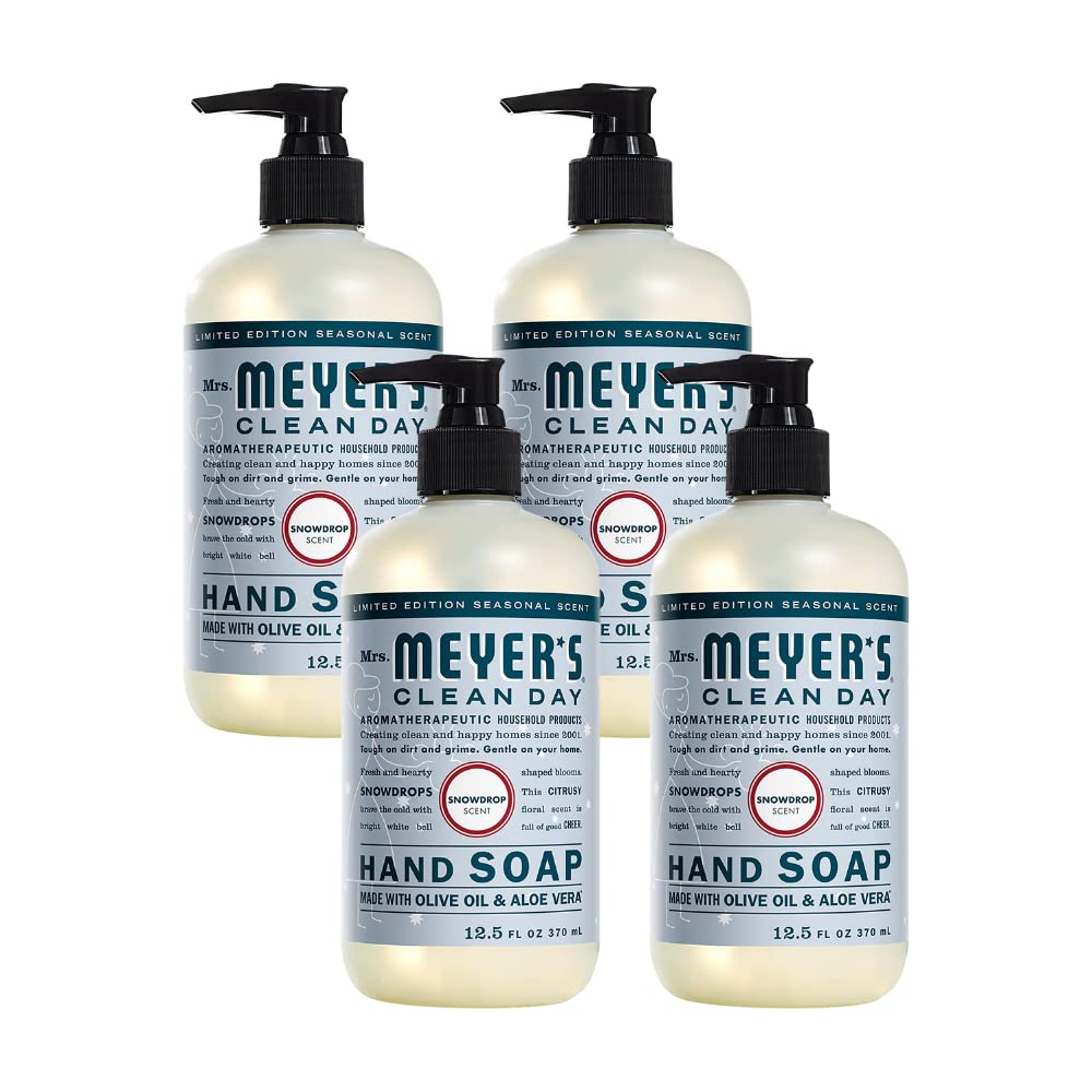 Mrs. MEYER'S front packaging showing four SnowDrop bottles for easy replacement