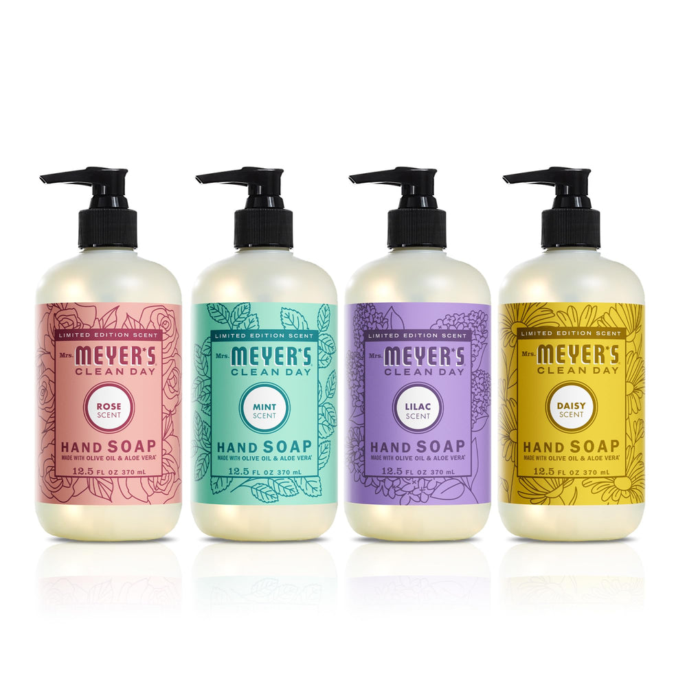 Mrs. Meyer's front packaging showing four spring soap bottles and clear labeling, showcases variety