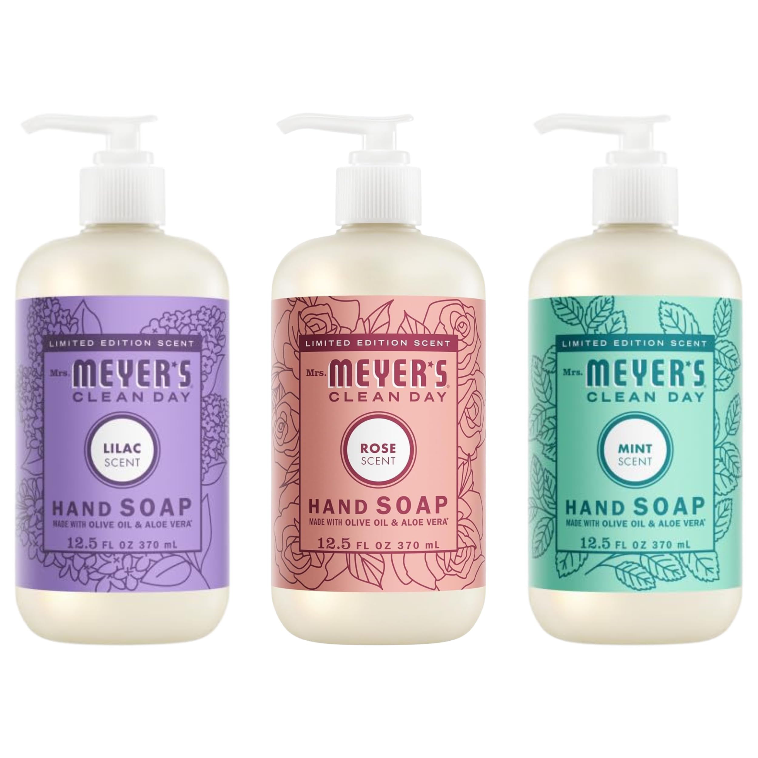 Mrs. MEYER'S variety pack front display showing four 12.5 fl oz bottles and scent labels, clear benefit