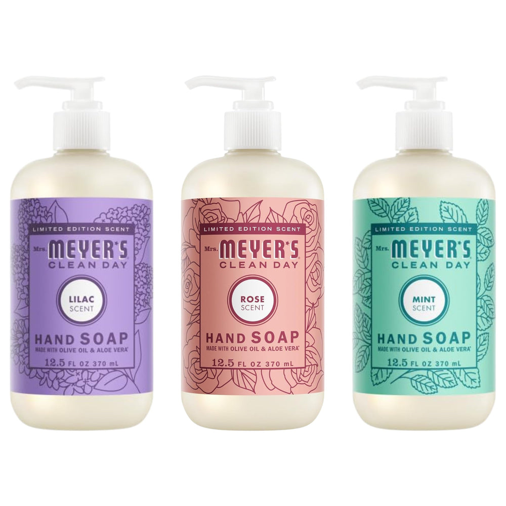Mrs. MEYER'S variety pack front display showing four 12.5 fl oz bottles and scent labels, clear benefit