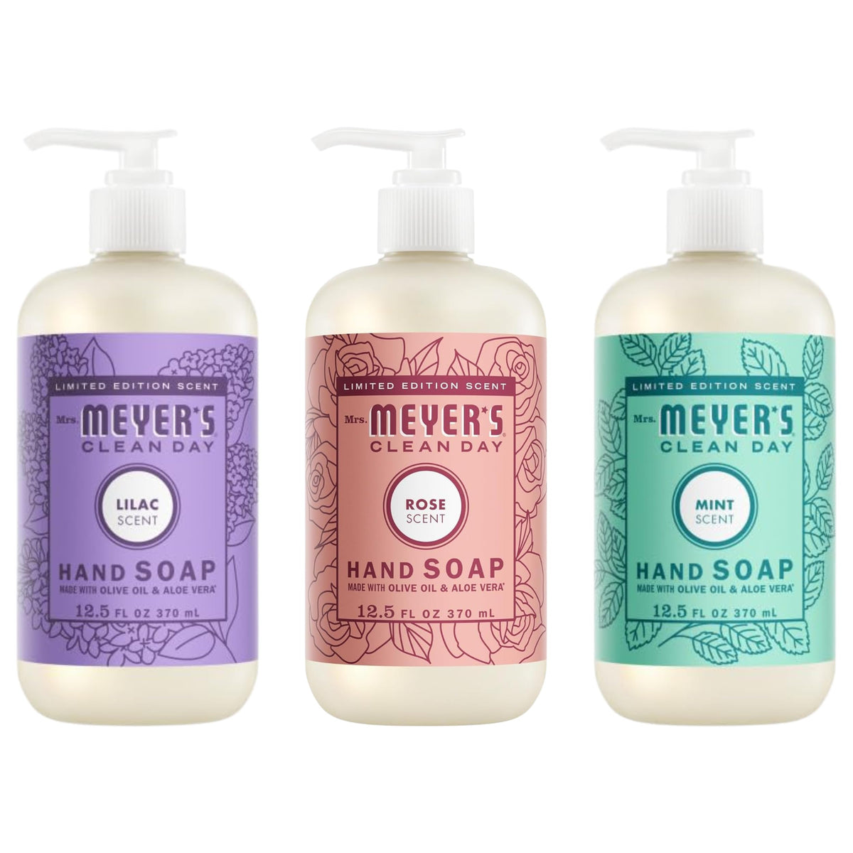 Mrs. MEYER'S variety pack front display showing four 12.5 fl oz bottles and scent labels, clear benefit