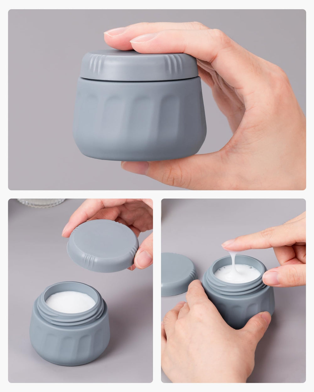 Mrsdry four 1-ounce silicone jars top view showing compact TSA-friendly sizes