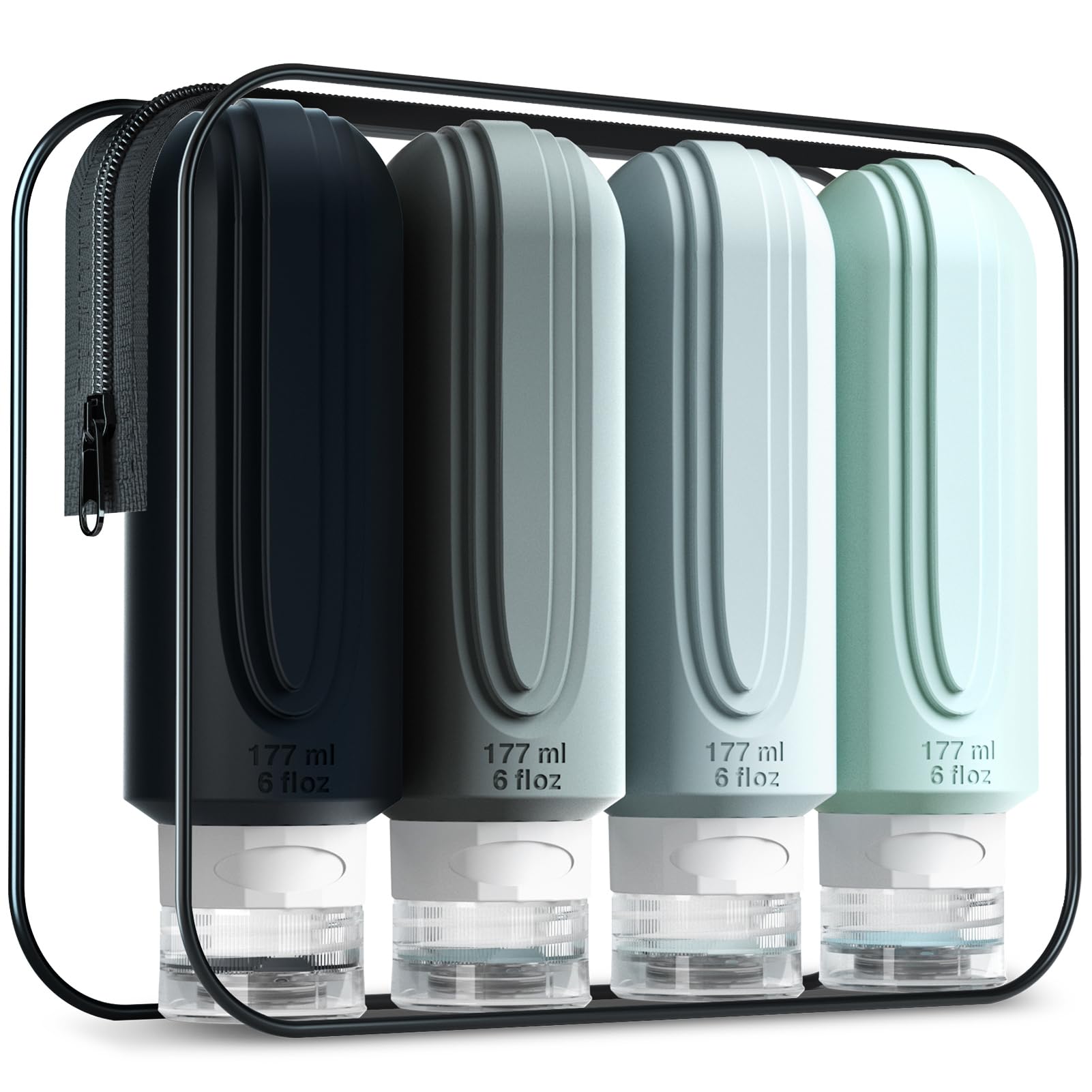 Mrsdry front view of four 6oz bottles with toiletry bag showing organized travel benefit