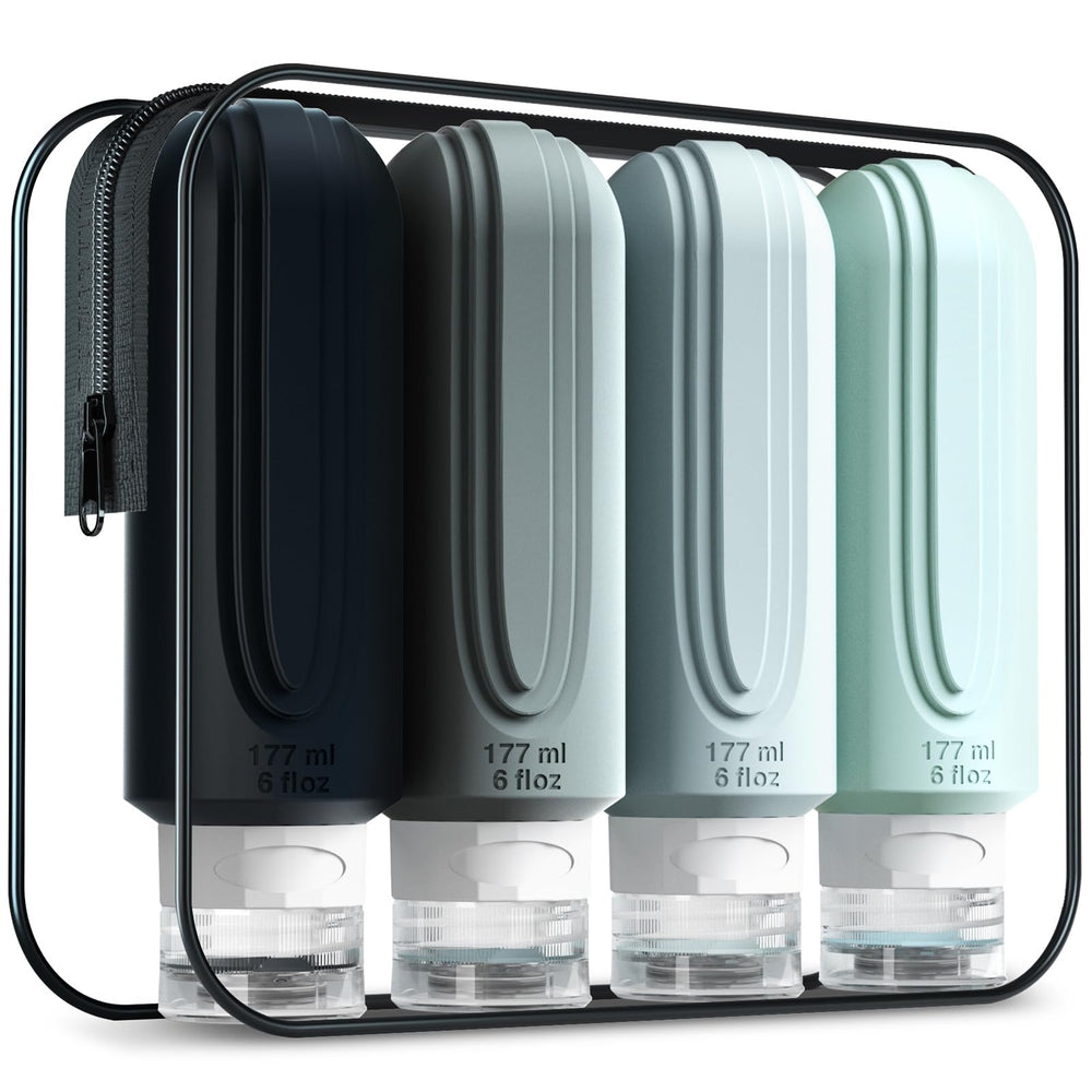 Mrsdry front view of four 6oz bottles with toiletry bag showing organized travel benefit