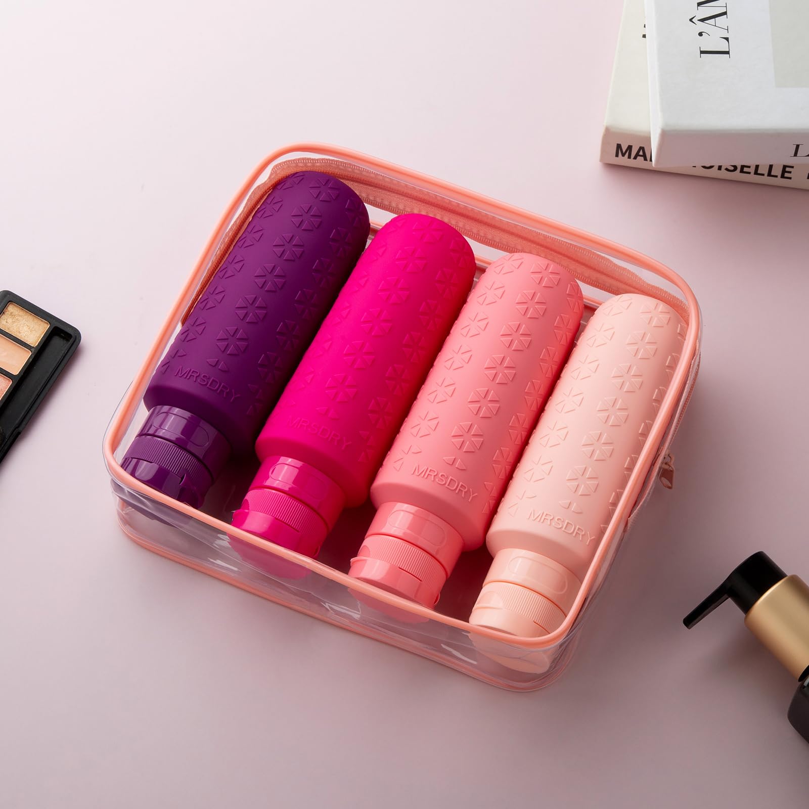 Mrsdry bottles packed inside a toiletry bag for organized travel