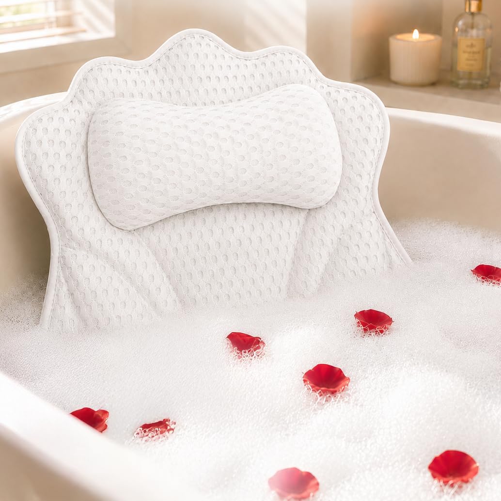mugenbo front view of white bath pillow showing full shape and aesthetic benefit