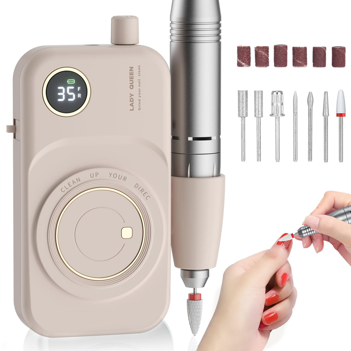 mUGLE front view of pink cordless nail drill showing compact design and portability